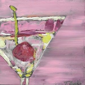 "Girly Drink" original oil painting of pink martini cocktail with cherry